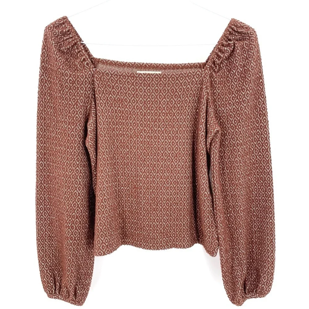 MADEWELL Jacquard Puff-Sleeve Boho Cropped Long Sleeve Blouse Top